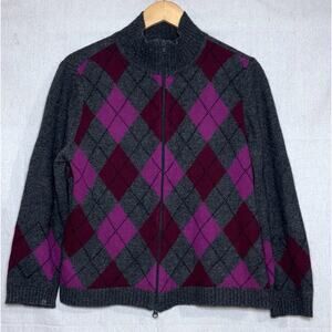 Context Argyle Sweater Women’s 1X Wool Angora Rabbit Hair Purple Grey Full Zip